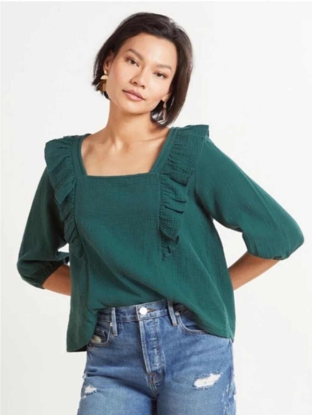 Evereve Francine Ruffle Gauze Top Square Neck Ruffle Lightweight in Green M